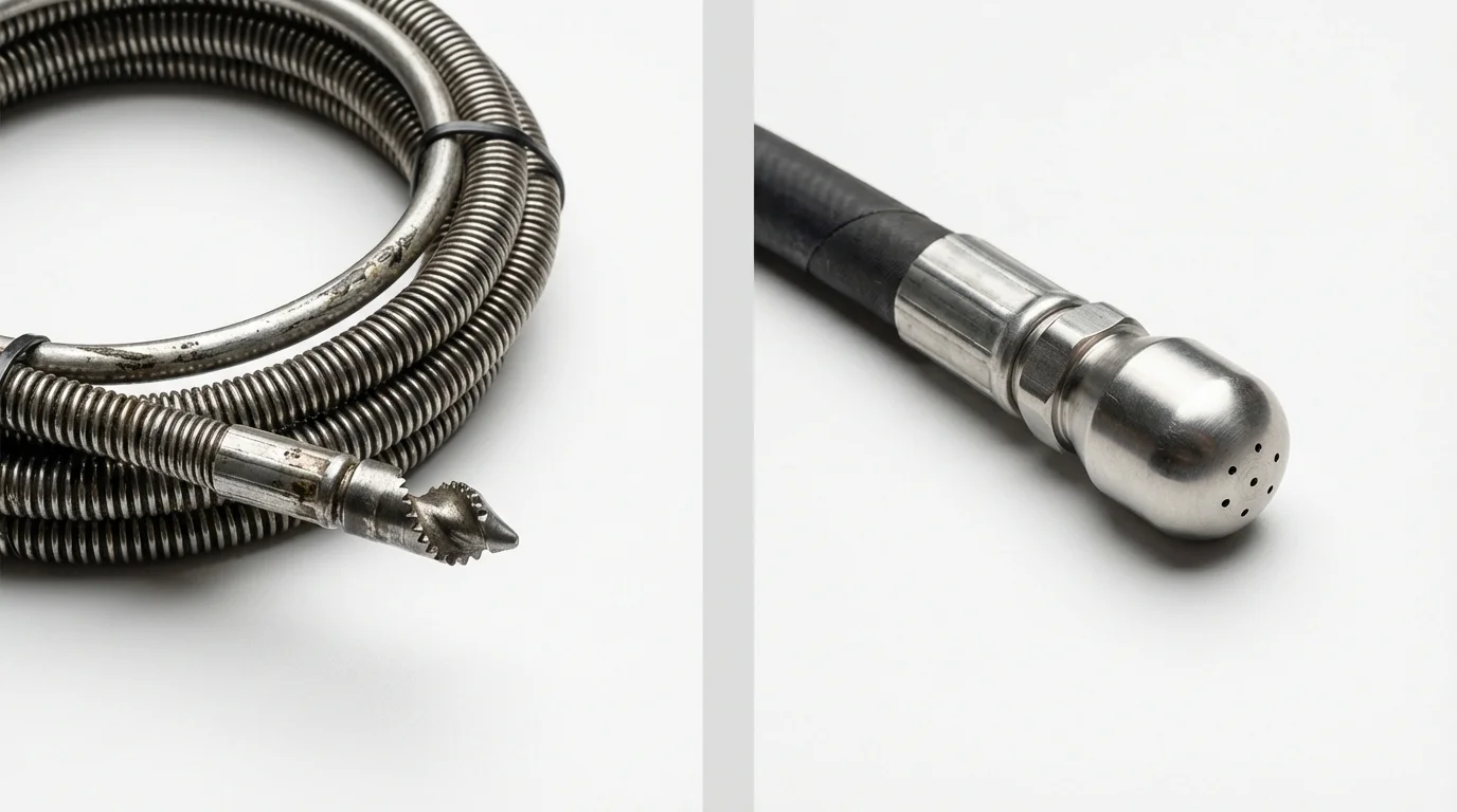 Drain snake cable and hydro jetting nozzle used for drain cleaning in Huntington, UT