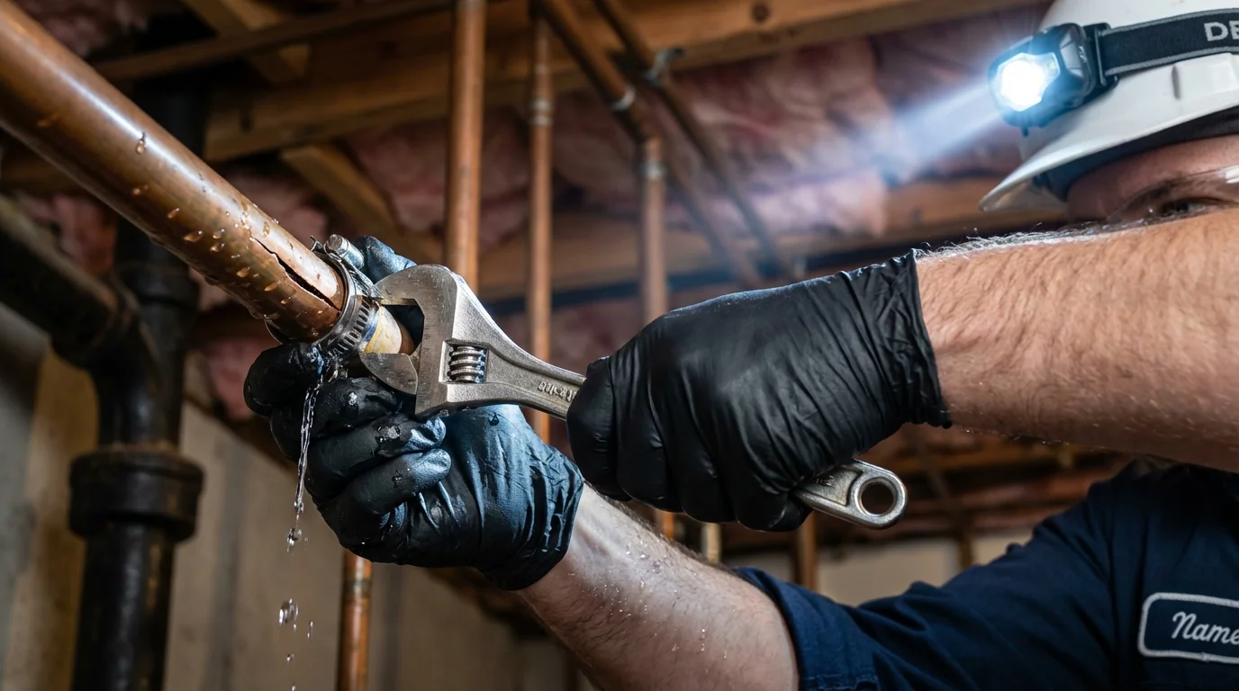 Emergency pipe clamp repair being performed by a Johns Plumbing LLC plumber in Huntington