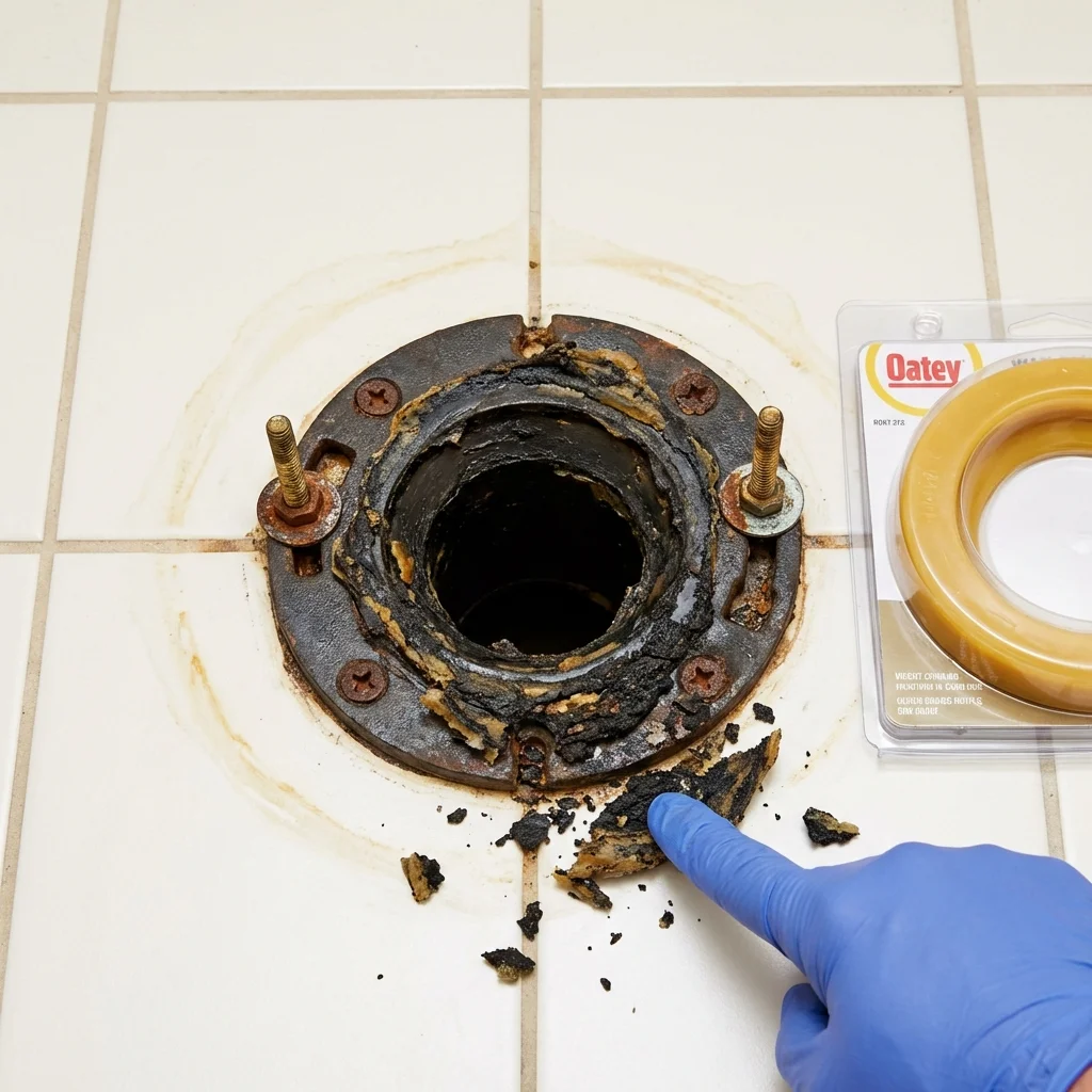 Failed wax ring showing water seepage at the base of a toilet in a Huntington, UT home