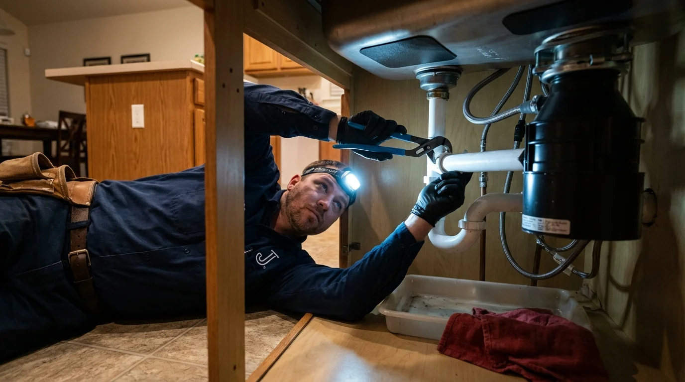 P-trap and supply line connections under a kitchen sink showing a common leak point in Huntington, UT